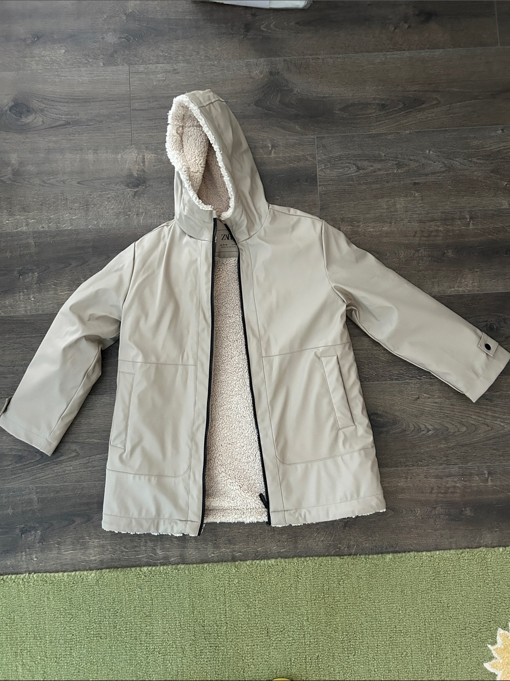 Zara Kids Beige Hooded Sherpa-Lined Raincoat